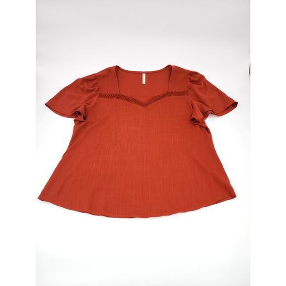 Mezzanine Rust Crochet Trim Blouse Short Sleeve Boho Top Size L - Picture 6 of 6